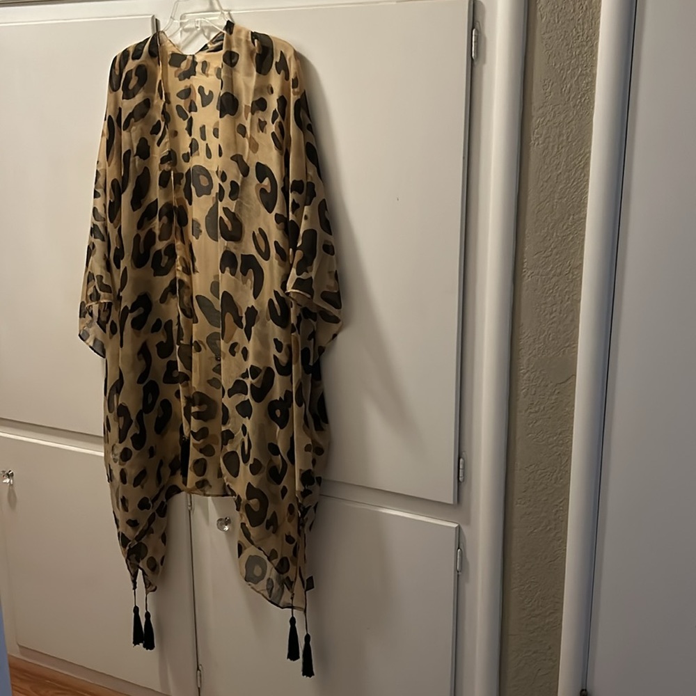 Amanda Blu Leopard Print Tassel Accent Lightweight Semi Sheer Caftan Cardigan